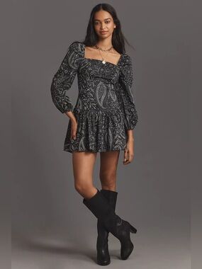 NWT Maeve Anthropologie Square Neck Drop Waist Mini Dress Size XL Black